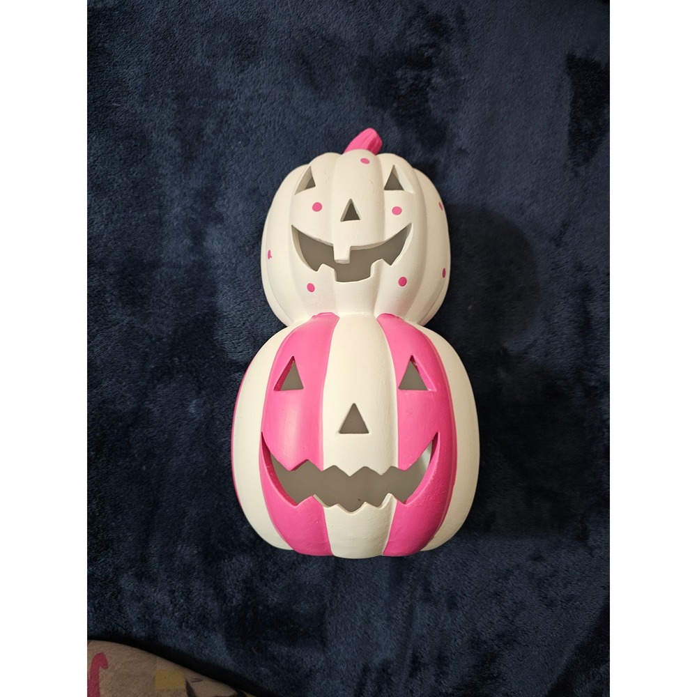 Way to Celebrate pink  white striped stacked jack-o'-lantern ceramic halloween